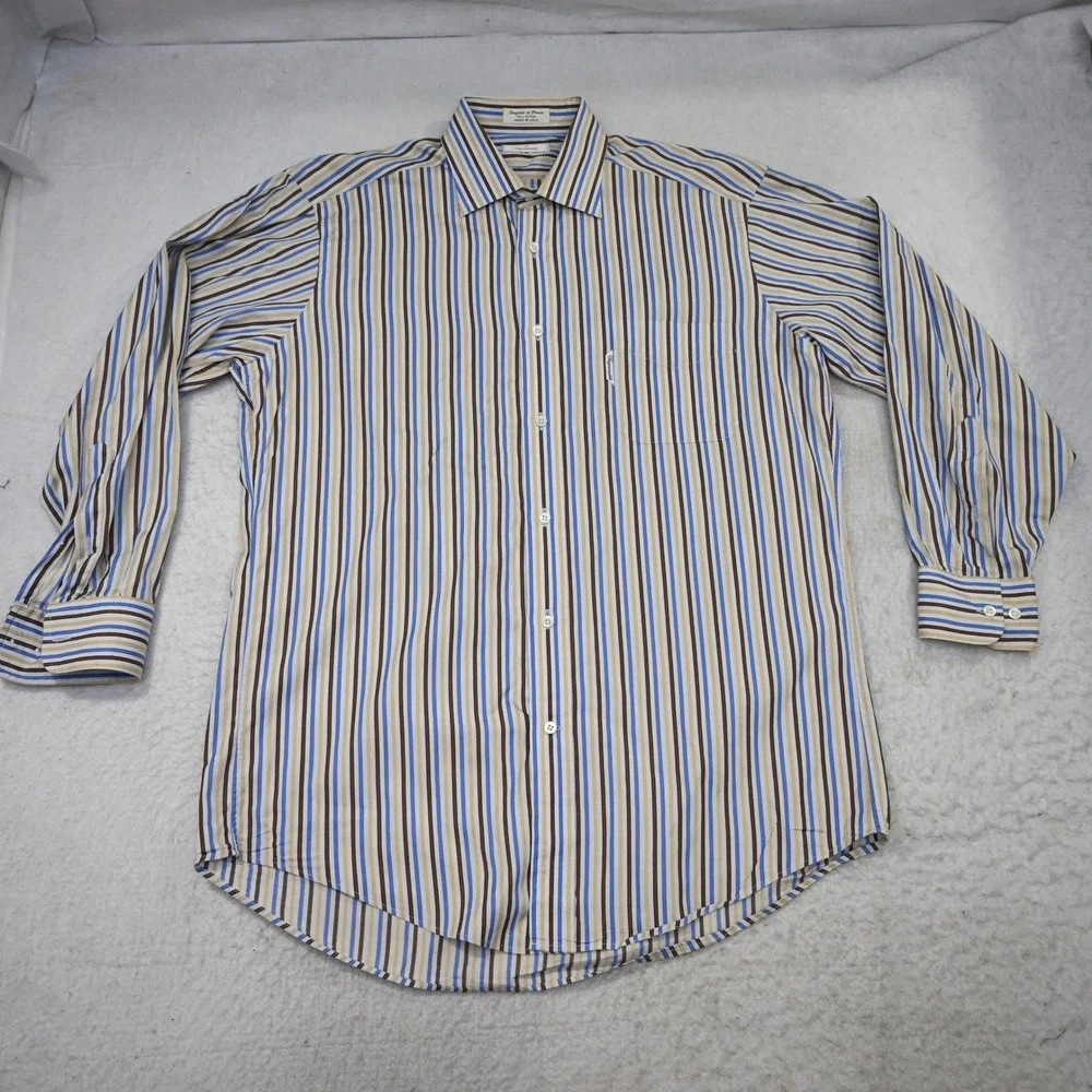 Façonnable Button Up Mens 16 Large Blue Brown Tan Striped Long Sleeve USA MADE
